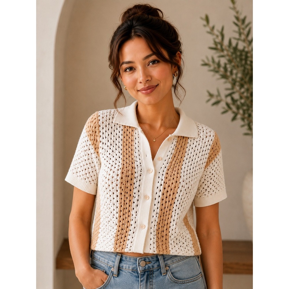 White & Cream Crochet Knit Button Cardigan Short Sleeve Sweater Junior/Women